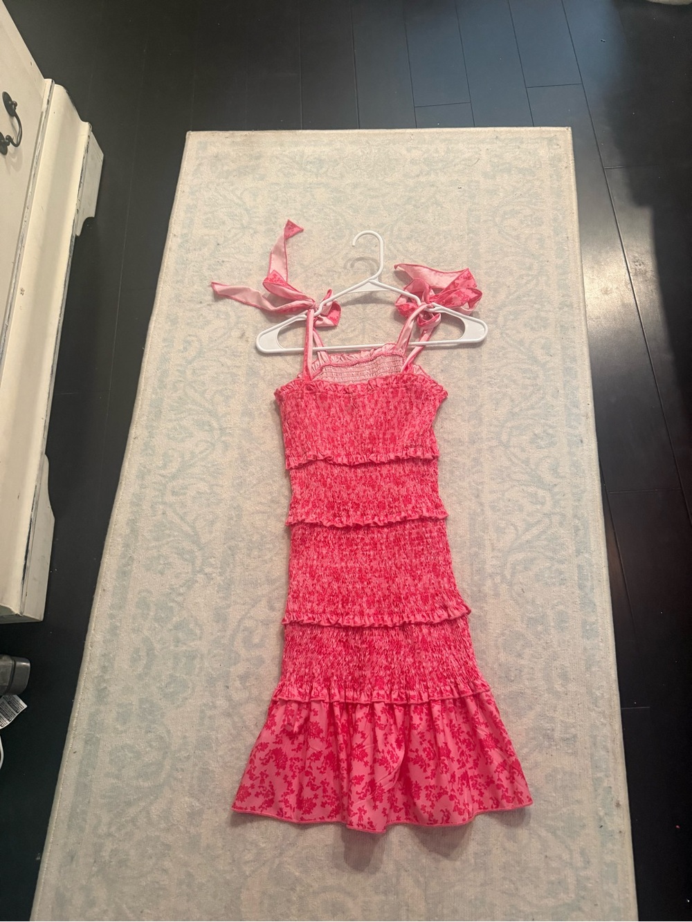 SHEIN Pink Smocked Tiered Sundress with Tie Straps